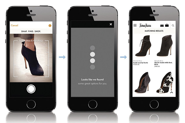 Neiman Marchus Snap Find Shop app being used to search for shoes.