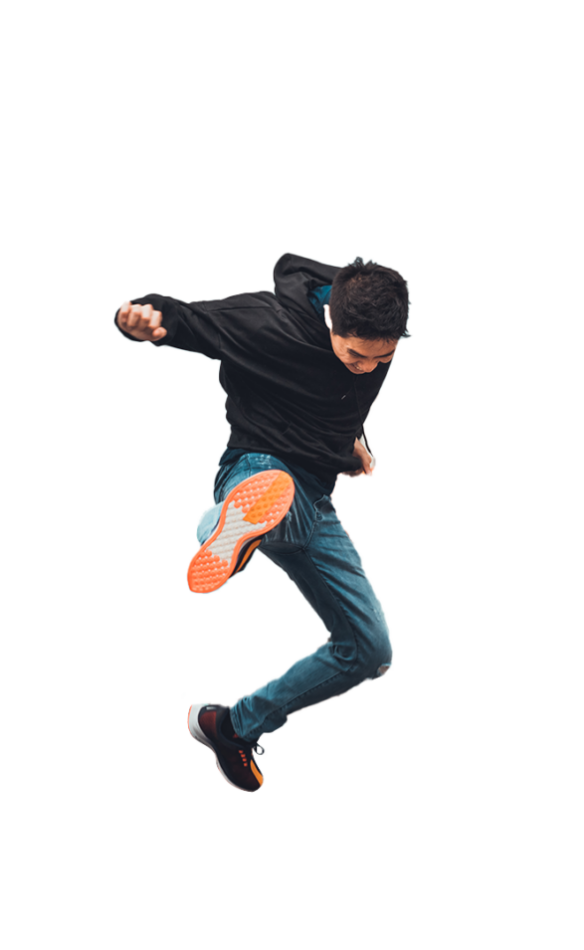 Young active man in action of jumping and kicking, depicting Hosted Checkout