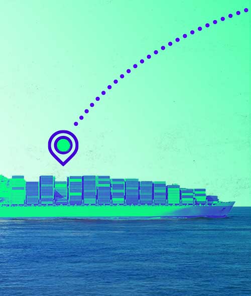 A dotted line leading to a cargo ship depicting sending payouts to crew members on ships.