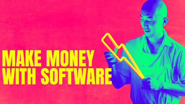 A man holds a lightning bolt symbolizing the knowledge to make money with software.