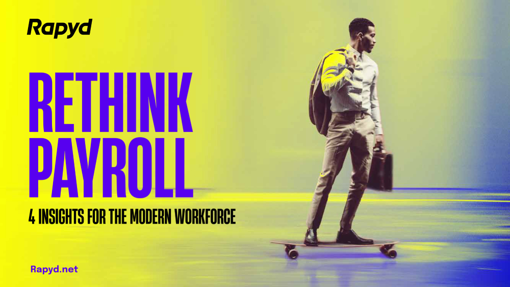 A man standing on a skateboard with a bag and a jacket, represents rethink: payroll