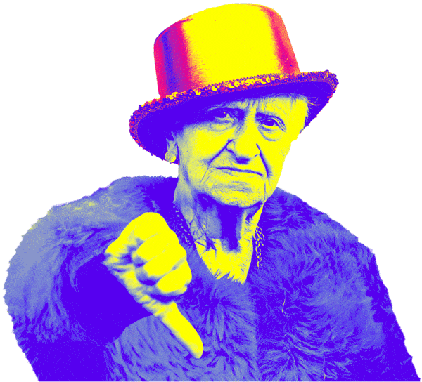 An elderly woman in a hat and coat is pointing with her toe down