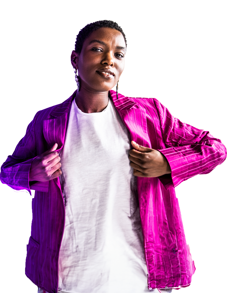 A woman holding a purple and pink jacket represents a business woman who has a multi-currency business account