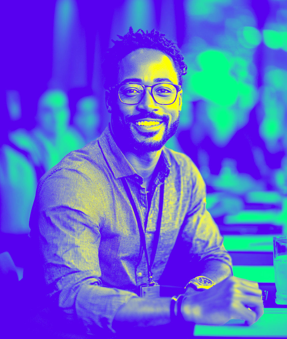 Businessman smiles after making a cryptotrade