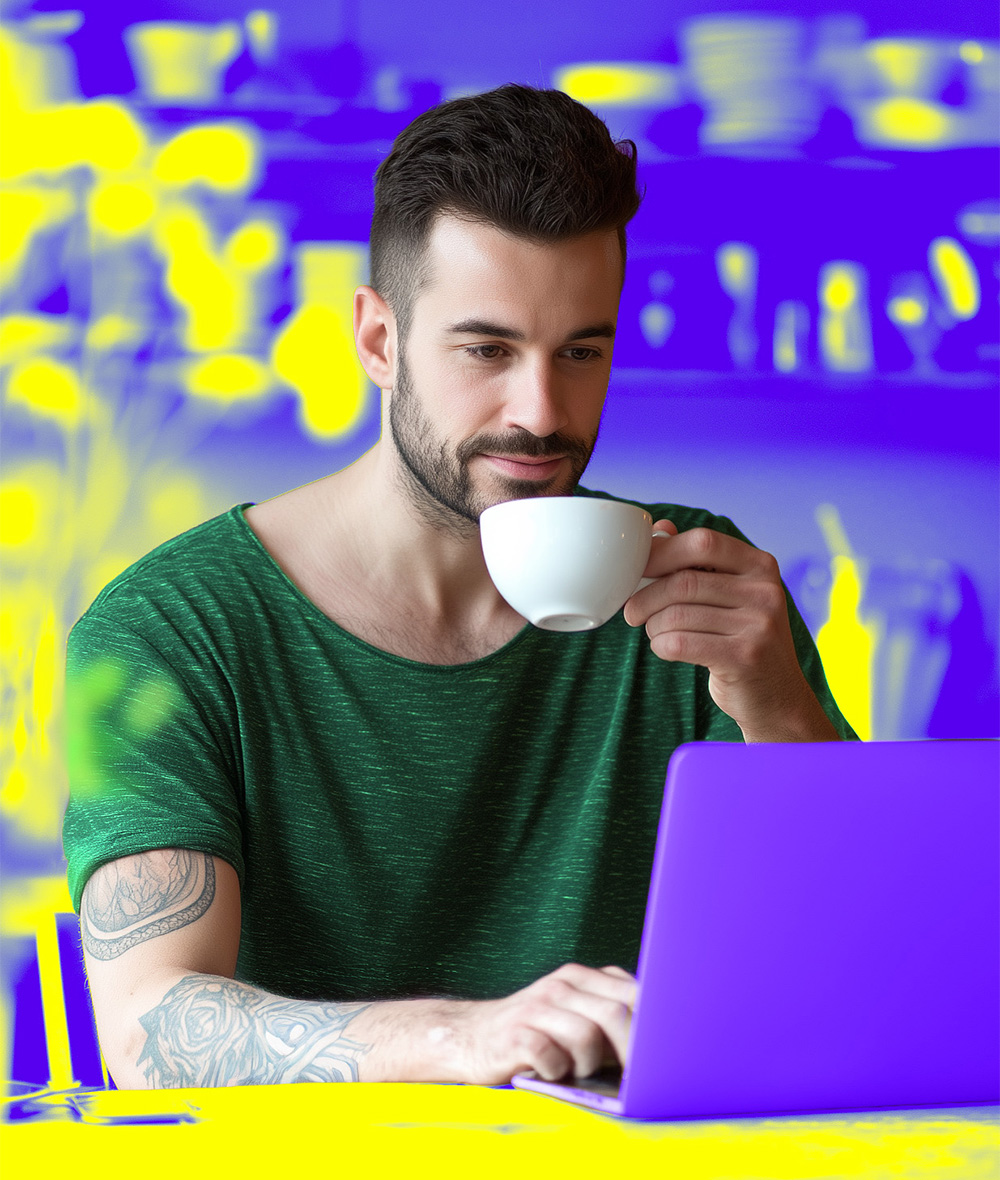 A guy in a green shirt is drinking coffee and working on a laptop.