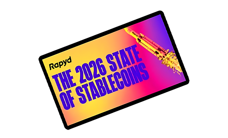 The cover of the State of Stablecoins Report, featuring a rocket powered by stablecoins flying to space.