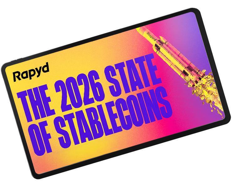 The cover of the State of Stablecoins Report, featuring a rocket powered by stablecoins flying to space.