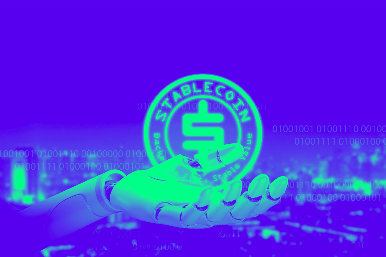 Artificial intelligence robot hand holding glowing stablecoin symbol over digital city skyline