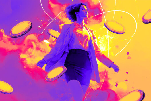 Animated image of a girl standing in a circle of coins with smoke around her