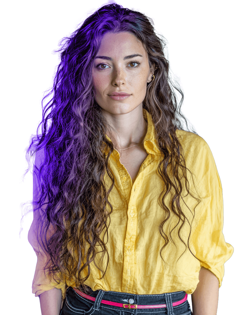 A girl in a yellow button-up shirt looks at the camera