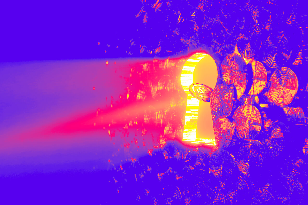 Stablecoins and currency symbols passing through the keyhole of a lock