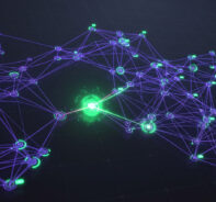 Purple and green network graph illustrating AI-based real-time payment fraud detection.