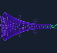 Purple checkout funnel with shoppers narrowing down to green checkmarks, representing ecommerce conversion rates.