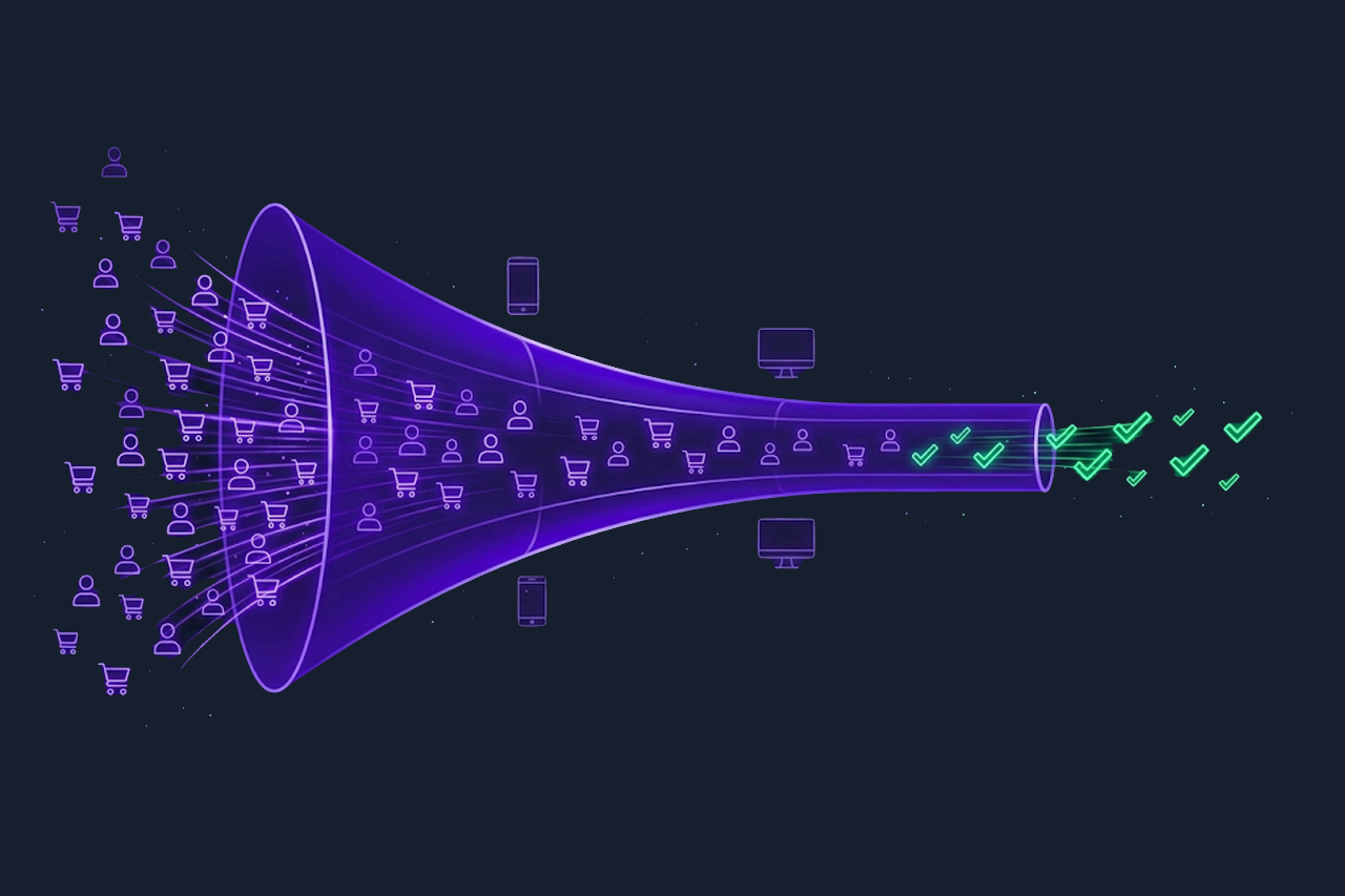 Purple checkout funnel with shoppers narrowing down to green checkmarks, representing ecommerce conversion rates.