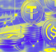 Stacks of USDT, USDC and DAI stablecoin tokens marked 1.00 USD over a financial data network background