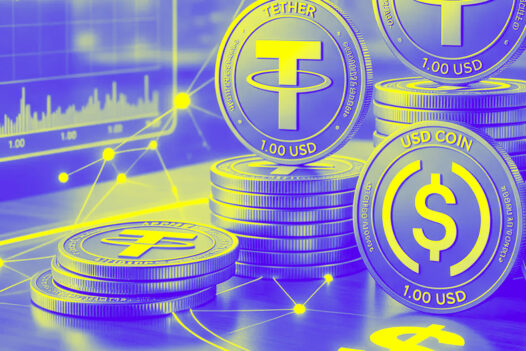 Stacks of USDT, USDC and DAI stablecoin tokens marked 1.00 USD over a financial data network background
