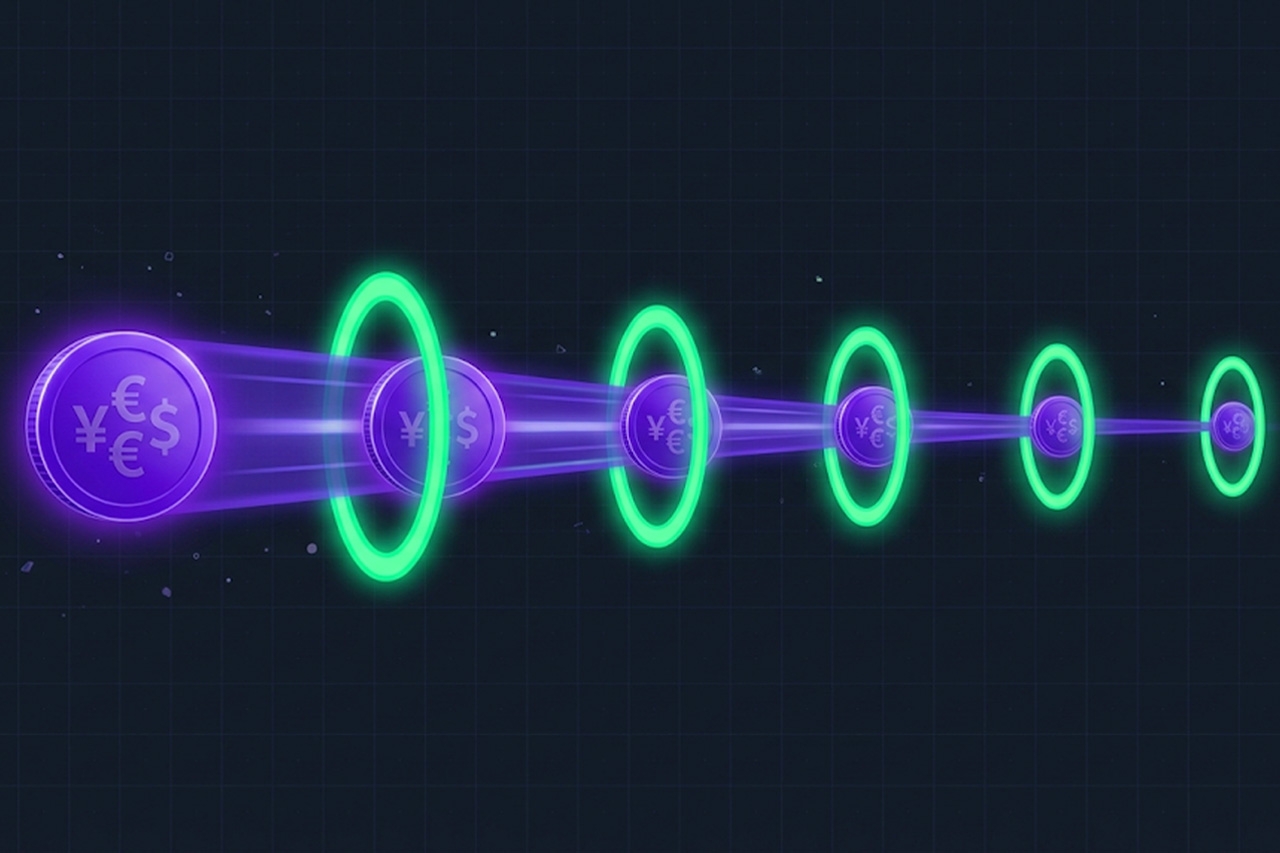 Purple payment coin shrinking through green fee checkpoints, illustrating cross-border payment processing costs.