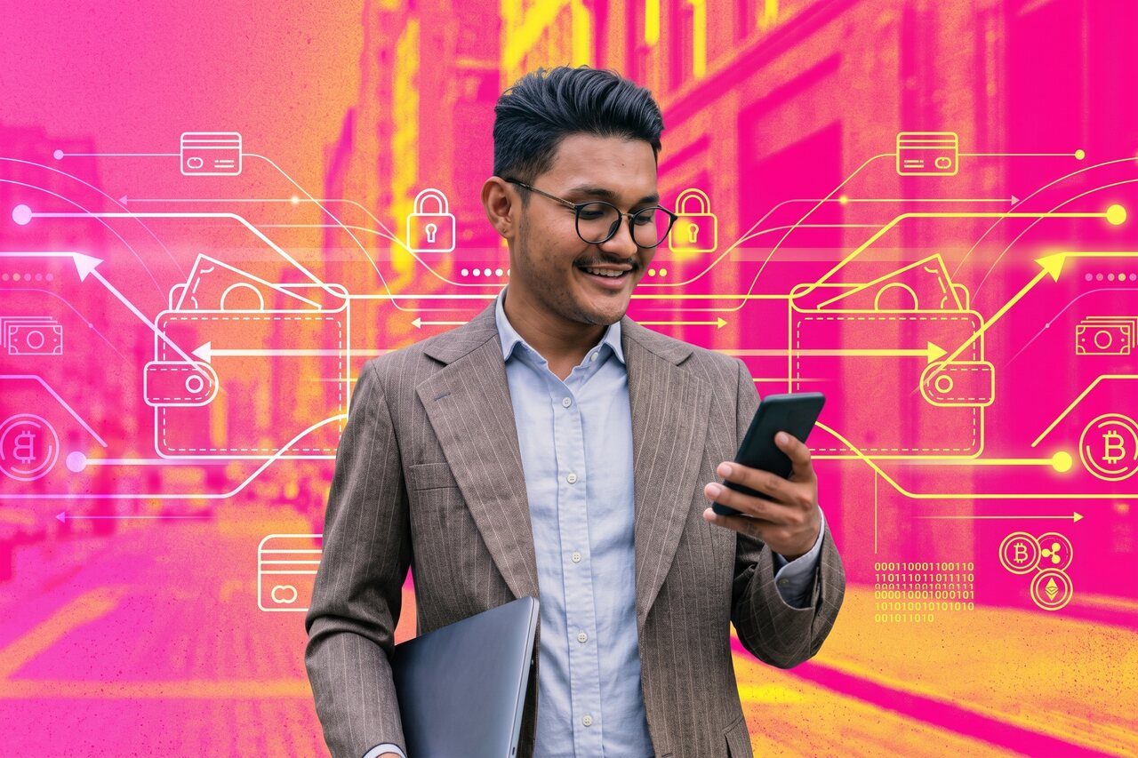 A businessman uses digital wallet blueprint