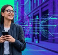 A young woman holding a smartphone on a purple and neon green digital background with a wire transfer