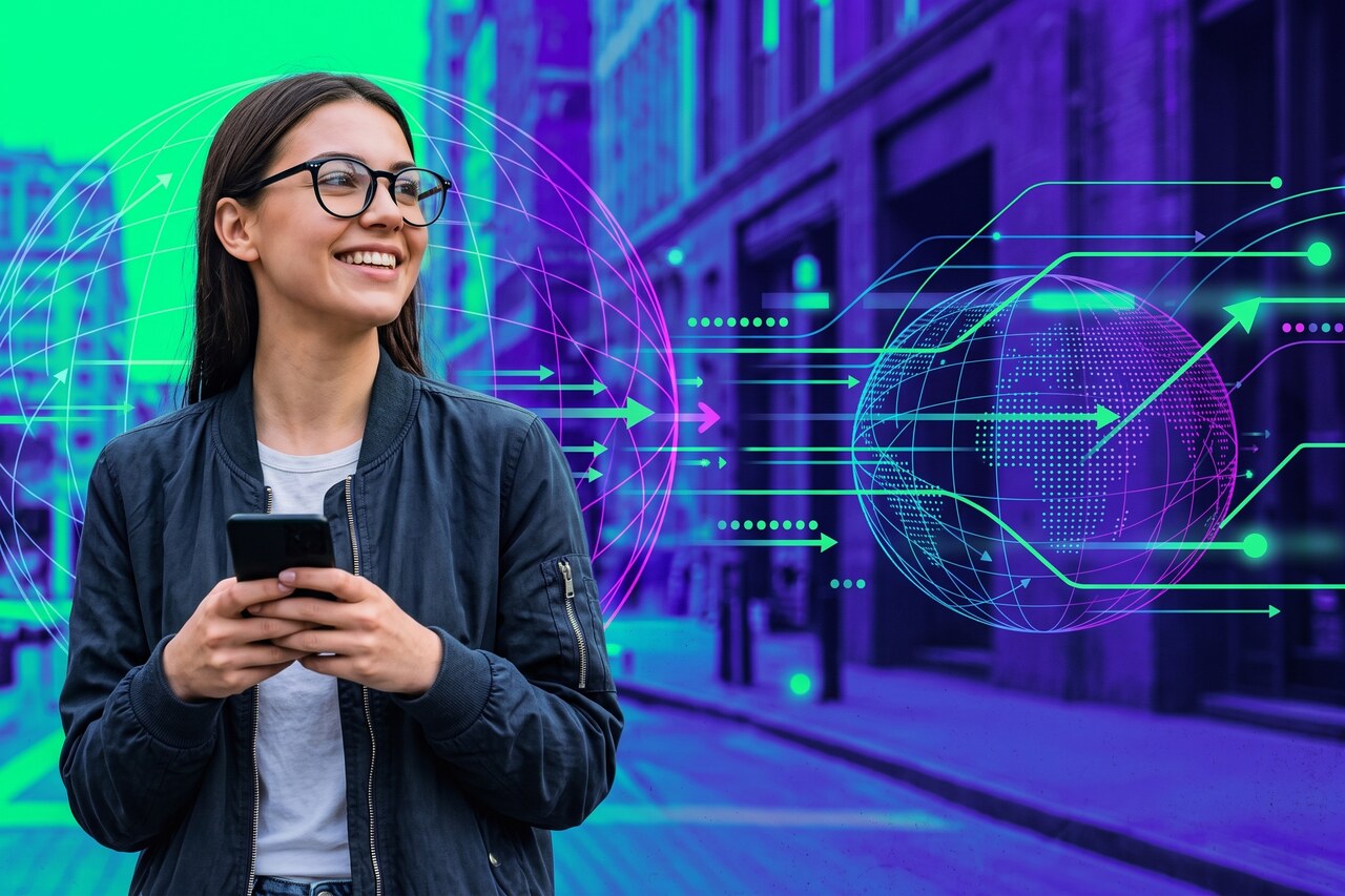 A young woman holding a smartphone on a purple and neon green digital background with a wire transfer